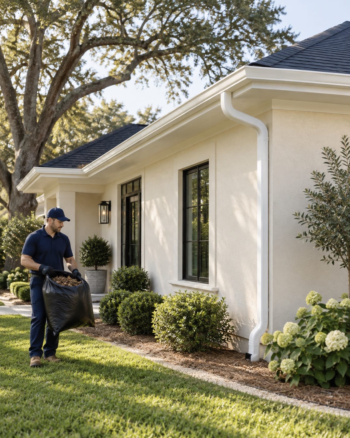 Clean gutters on a cream stucco home