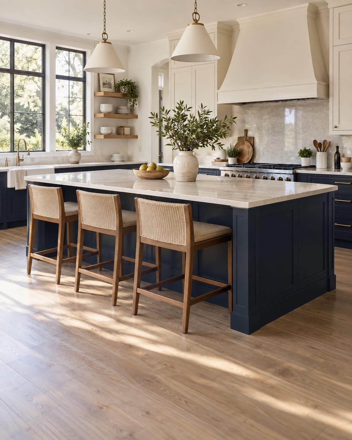 Spotless warm-white kitchen with a navy island and clear counters