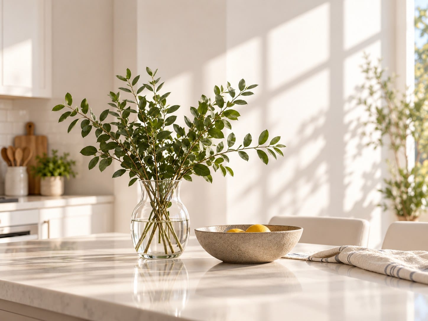 Freshly cleaned sunlit kitchen with greenery on the island